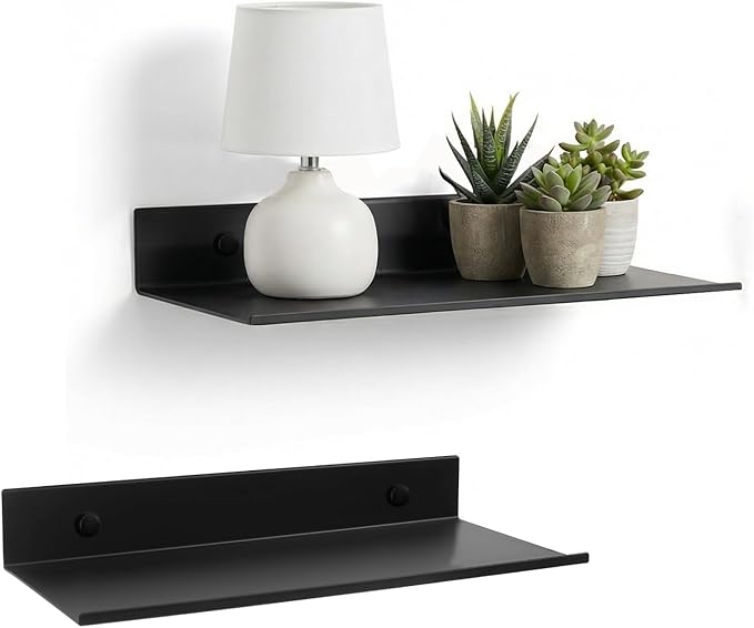 Z metnal Small Decor Shelves, Mini Floating Display Wall Shelf for Smart Speaker Collectables, Aluminum, Wall Mounted, Matt Black,12 x 5 inch,1ft Wide, 2 Pack