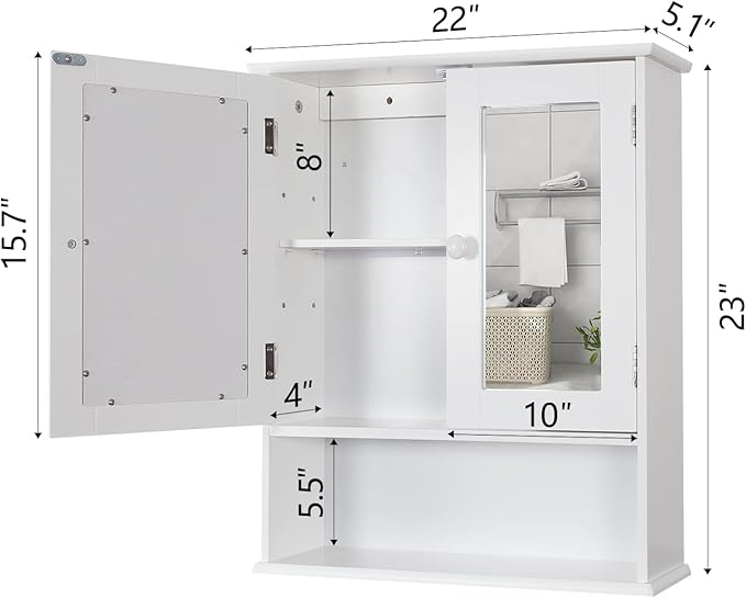 TaoHFE Medicine Cabinet, Medicine Cabinets for Bathroom with Mirror 2 Doors 3 Open Shelf, Bathroom Cabinet Wall Mounted Wooden Storage Over Toilet Laundry Room Kitchen