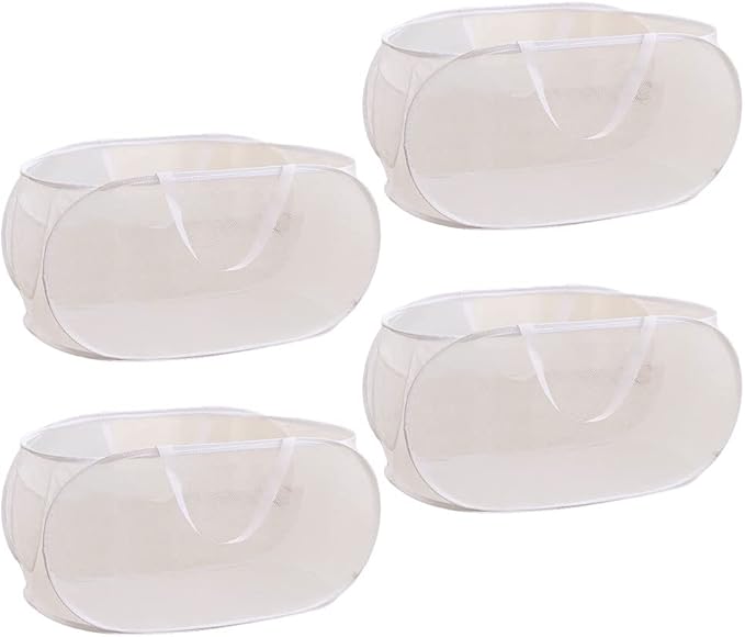 4 Piece Popup Mesh Laundry Basket Durable Handles Collapsible Laundry Baskets Folding Clothes Pastic Hamper for Laundry Room College Dorm (White)