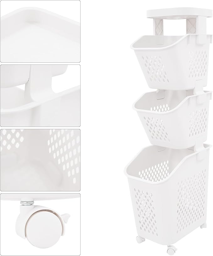 Tiered Laundry Storage Organizer Tiered Laundry Hamper Sorter Bathroom Laundry Basket with Wheels Removable Plastic Storage Basket for Kitchen (3-Tier)