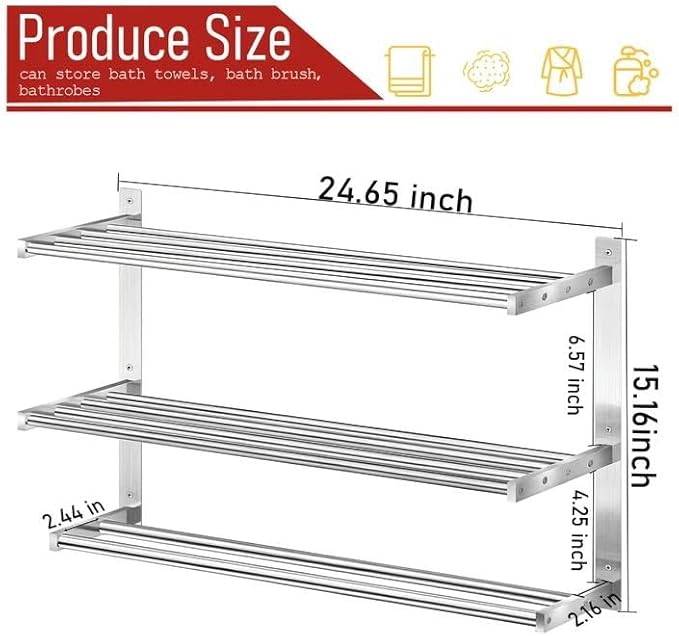 Towel Rack with Shelf 24 inch, 3 Tier Towel Racks for Bathroom Wall Mounted, Stainless Steel Bathroom Shelf with Double Towel Bars, Hotel Bath Towels Storage, Brushed Nickel