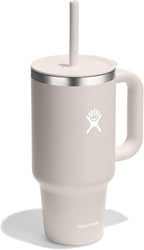 Hydro Flask Travel Tumbler with Handle, Lid and Straw - Insulated Stainless Steel in 32 Oz Oat Tan