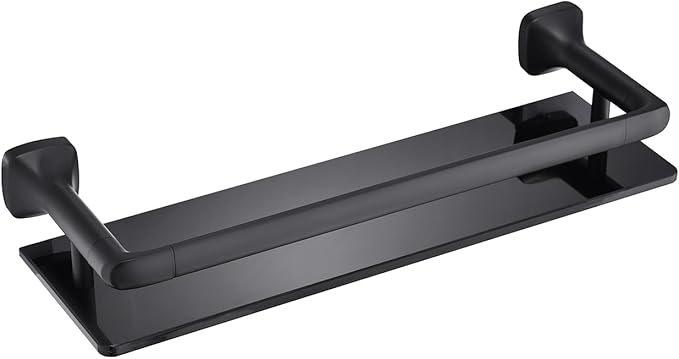 16-Inch Bathroom Glass Shelf - Matte Black Wall-Mounted Organizer - Thickened 8mm Black Tempered Glass with Safety Railing