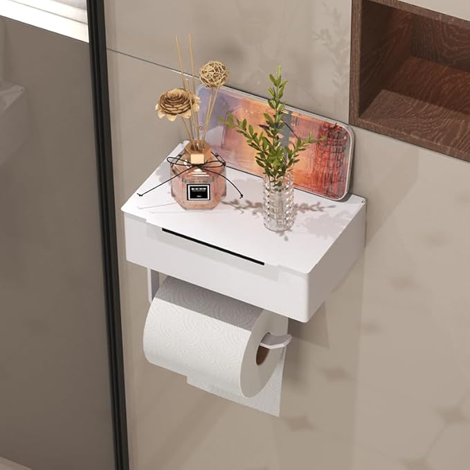 Generic Wall Mounted Toilet Paper Holder with Storage Box, White Metal, Modern Design, 8.07x4.92x3.74 Inches, Self-Adhesive Installation