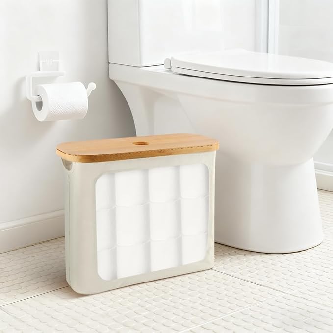Toilet Paper Storage Holder with Lid, Freestanding Toilet Paper Basket Stand for 9 to 12 Rolls, Bathroom Storage Organizer with Bamboo Lid(Beige)