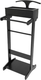 Wooden Suit Valet Stand with Hanger, Bottom Shoe Rack and Storage Organizer, Freestanding Mens Suit Stand, Freestanding Clothes Rack for Bedroom, Entryway, Office, Black