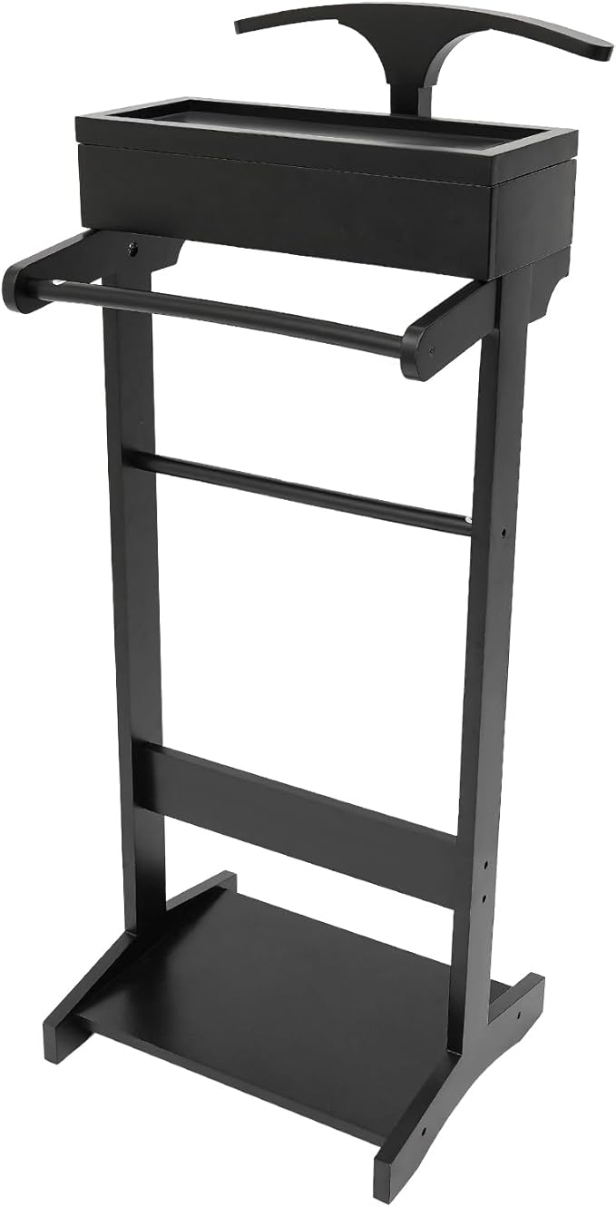 Valet Stand, Wood Suit Rack Suit Stand for Man and Women with Drawer Mens Valet Stand for Entryway Office Living Room (Black)
