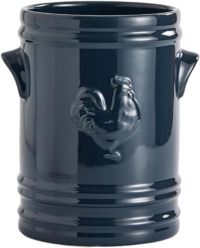WAIT FLY Embossed Rooster Porcelain Kitchen Utensil Holder Flatware Storage Organizer Utensil Crock for Countertop Kitchen Counter Decor-Blue