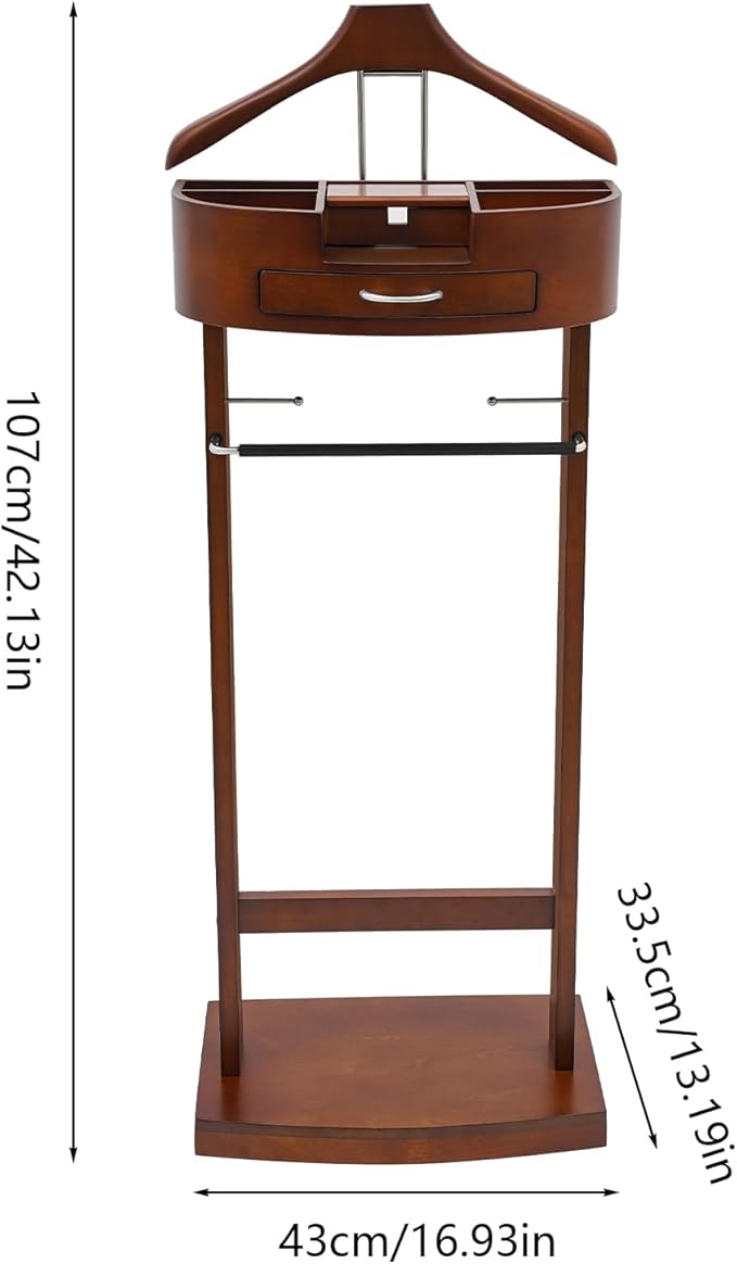 LOYALHEARTDY Valet Stand for Men, Clothes Valet Stand with Drawer, Vintage Suit Stand with Charging Station, Wooden Suit Rack & Trouser Holder,Coat & Tie Organizer for Bedroom Office (Walnut Color)