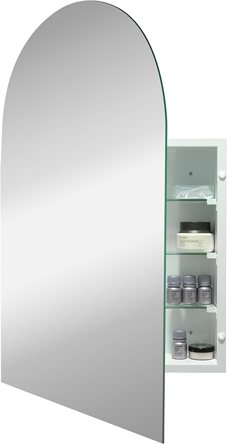 24x36 Inch Arched Bathroom Medicine Cabinet, Frameless Mirror Storage with Modern Cabinet Storage, Removable Shelves, Rust-Resistant White Wall Mounted Vanity
