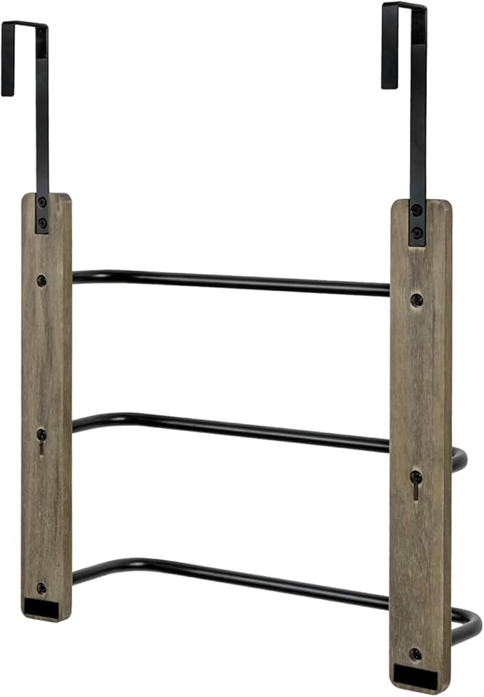 MyGift Over The Door Towel Rack for Bathroom, Vintage Gray Weathered Solid Wood 3 Tier Matte Black Metal Bars, Space Saving Hand Towel Holder, Over Shower Door Towel Drying Rack for Bath Towels
