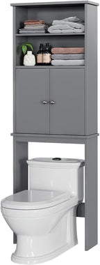 Meilocar Over the Toilet Storage Cabinet for Bathroom, Storage Cabinets Over Toilet, Bathroom Floor Mounted Cabinet Space Saver with Adjustable Shelf and 2 Open Shelves, 75in, Grey