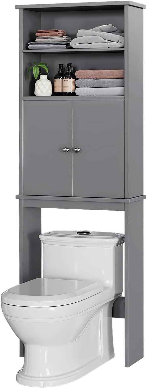 Meilocar Over the Toilet Storage Cabinet for Bathroom, Storage Cabinets Over Toilet, Bathroom Floor Mounted Cabinet Space Saver with Adjustable Shelf and 2 Open Shelves, 75in, Grey
