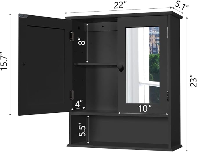 TaoHFE Black Medicine Cabinet, 2 Doors 3 Open Shelf, Wall Mounted Wooden Storage Cabinet Over Toilet