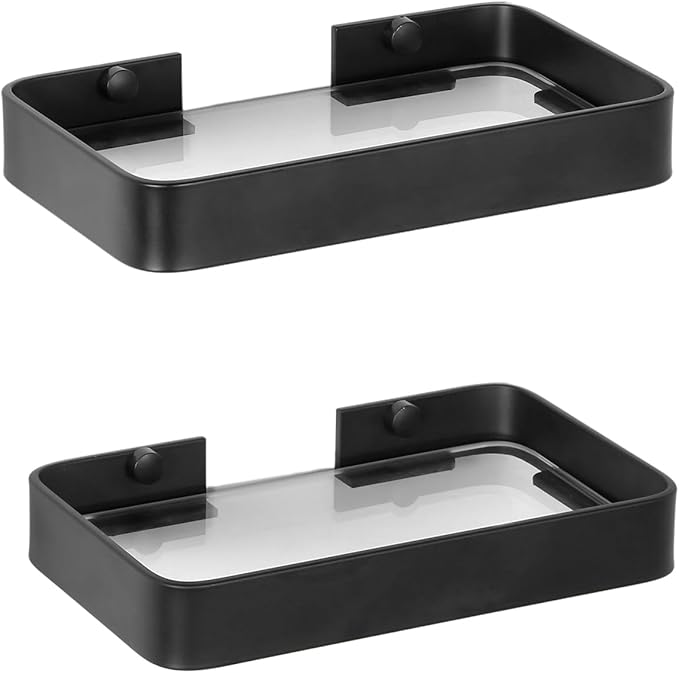 Z metnal Small Glass Bathroom Shelves, Matte Black Floating Shelf, Mini Wall Shelf Organizer, Wall Mounted (Clear Glass, 8 inch/20cm)