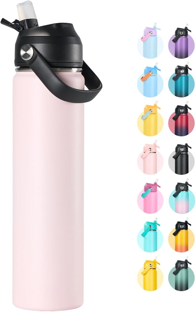24oz Insulated Stainless Steel Water Bottle, Wide Mouth Double Wall Vacuum, Silicone Straw, Sweat & Leak Proof, BPA Free Insulated Water Flask for Travel, Keep Cold 24h Hot 12h, Light Pink