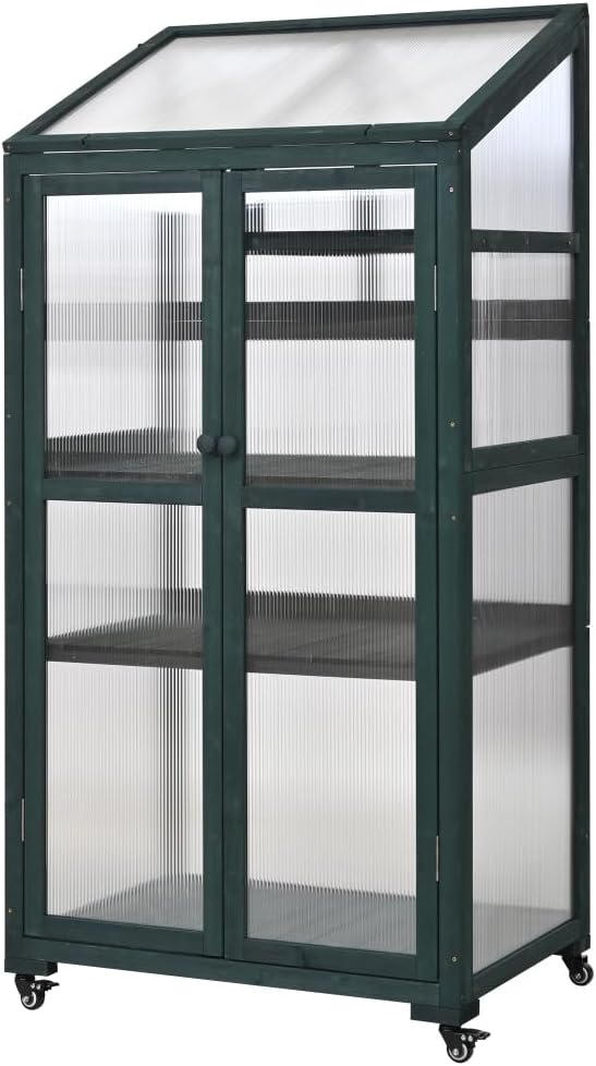 Sturdy Wooden Greenhouse for Balcony or Backyard Use with Rolling Wheels and Adjustable Shelving for Plant Growing (Green + Solid Wood + Wood)