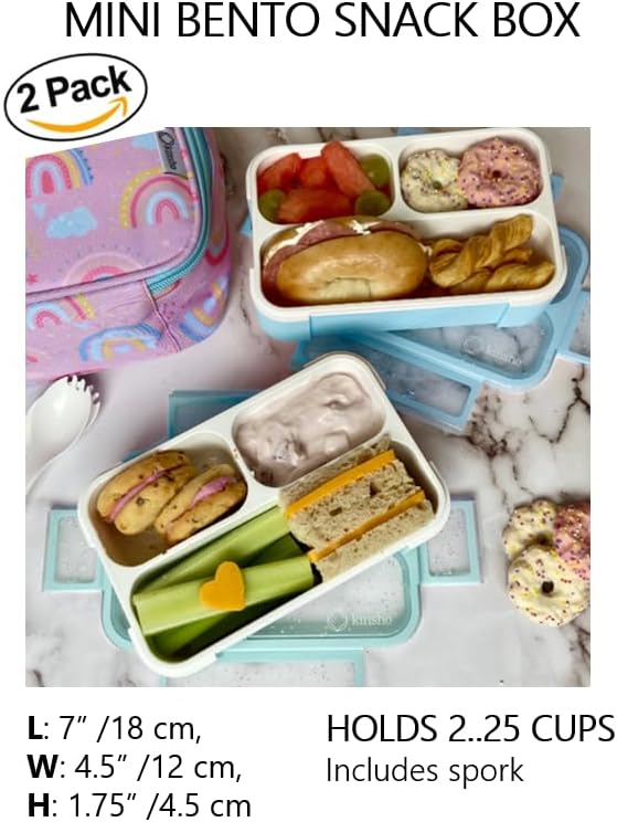 kinsho Small Snack Containers for Kids Toddlers - 3 Compartments (Set of 2) - Leak-proof Reusable Snack Boxes with Lids - BPA-Free Mini Bento Lunch Box - Holds 2 Cups (Pastel Blue + Teal Sparkle)