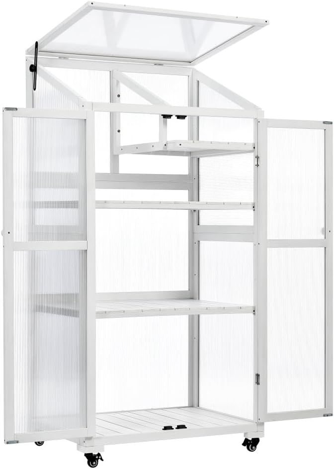 Sturdy Wooden Greenhouse for Balcony or Backyard Use with Rolling Wheels and Adjustable Shelving for Plant Growing (White + Solid Wood + Wood)