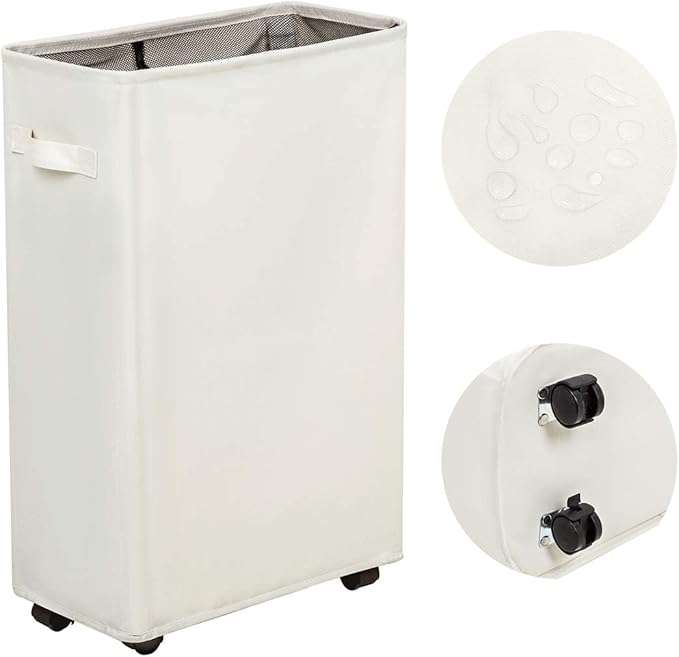 ZERO JET LAG Slim Rolling Laundry Hamper - Standable Corner Design - Handy Storage Bin Laundry Basket - 52L Storage Bin - Slim Hamper with Wheels - 15×8×22" (22" Beige)