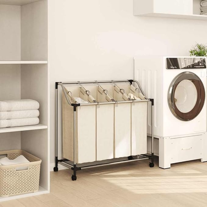 Laundry Sorter with 4 Bags Cream Steel Frame, Heavy-Duty Rolling Cart with Removable Sorting Bags and Steel Handles for Easy Transport, Durable Utility Organizer for Laundry