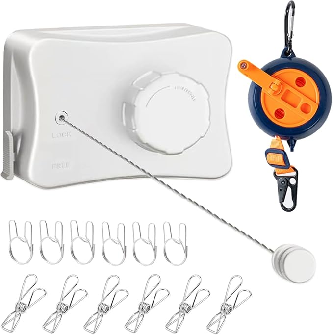 Retractable Clothesline Indoor Outdoor Clothes Line Kit, Heavy Duty Clothes Drying Laundry Line 16.7ft Wall Mounted Drying Rack Non-Sagging Air Dry Clothing Travel Clotheslines (White)
