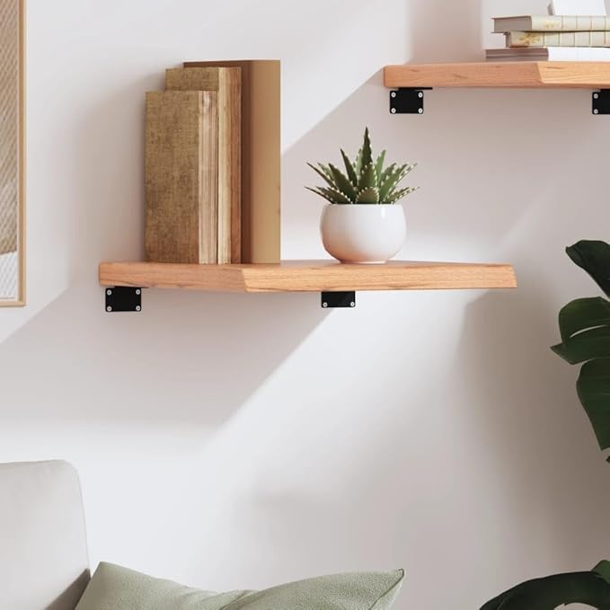 Solid Oak Wall Shelf, 15.7 inch Floating Square Shelves with Live Edge, Rustic Wood Display Shelf for Bathroom, Living Room, Kitchen Wall Decor