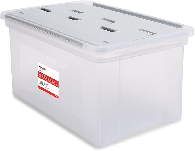 STAPLES Hanging File Folder Box, Storage Bin Organizer, Wing Lid, Letter Size Documents, Gray/Clear