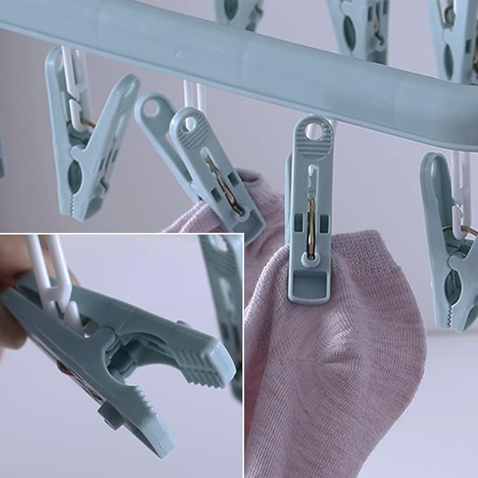 32 Clips Folding Laundry Hanger, Laundry Drying Rack Folding Sock Hanger, Hanging Drying Rack(Scandinavian Blue)