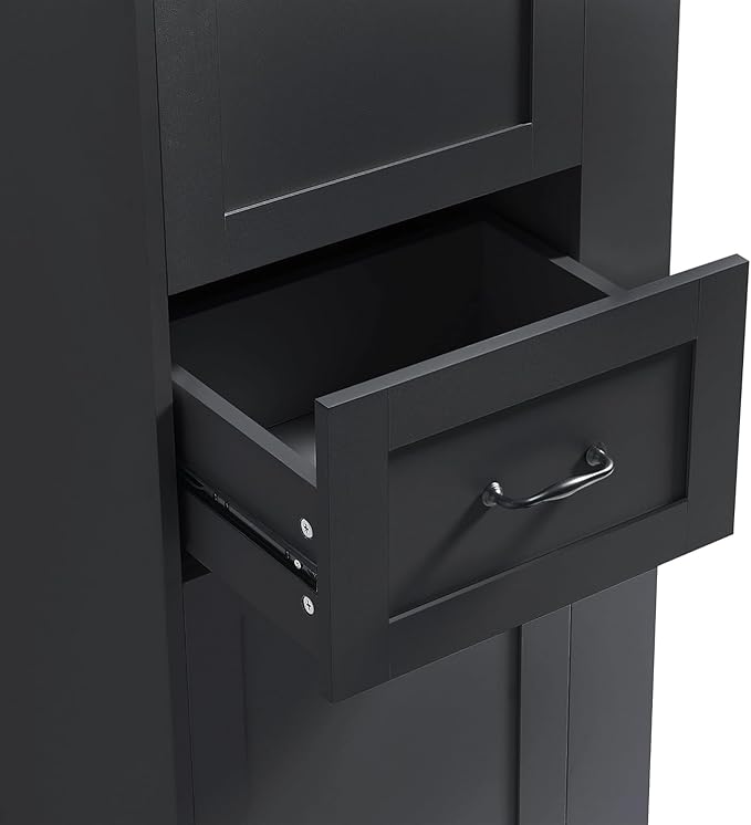 Tall Laundry Cabinet with Tilt Out Hamper, Wood Bathroom Storage Cabinet with Door,Drawer and Adjustable Shelves Freestanding (Black)
