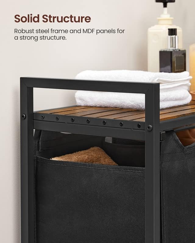 VASAGLE Laundry Hamper, Laundry Basket, Laundry Sorter with 3 Pull-Out and Removable Bags, Shelf, Metal Frame, 3 x 10.6 Gallons (40 L), 36.4 x 13 x 28.4 Inches, Ink Black and Rustic Brown UBLH301B01