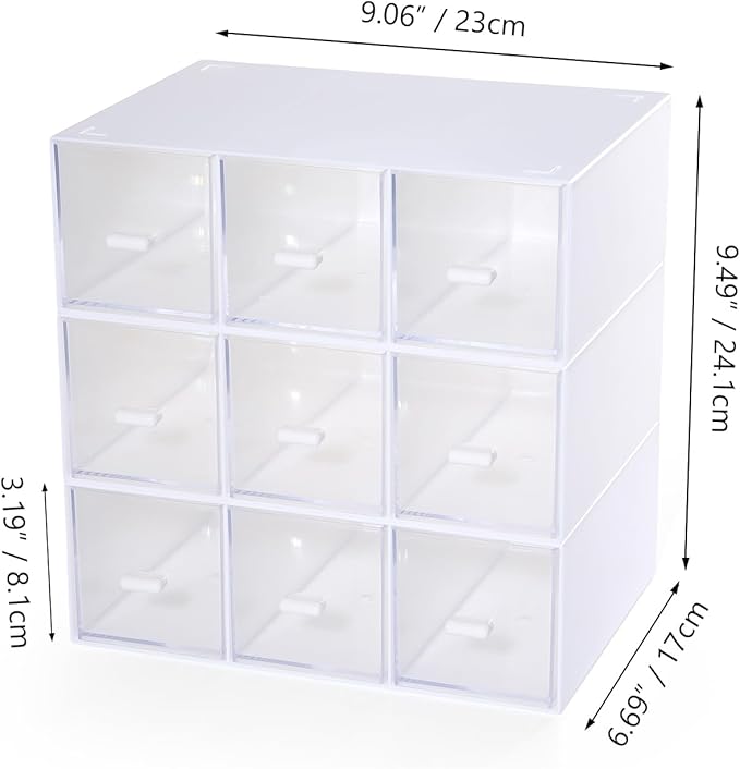 Desktop Drawers, Desk Organizer with 9 Drawers, Stackable Plastic Storage Box for Home Collection, Cosmetics, Jewelry, Office Supplies (3 Tiers, White)