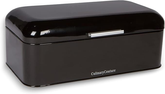 Culinary Couture Extra Large Black Bread Box for Kitchen Countertop - Holds 2 Loaves - 16.5" x 9" x 6.5" - Stainless Steel Vintage Bread Boxes for Kitchen Counters