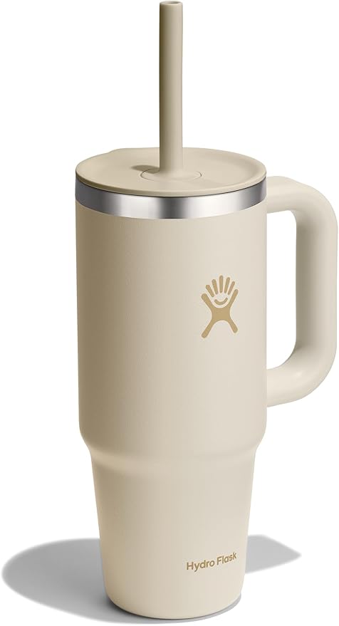 Hydro Flask Travel Tumbler with Handle, Lid and Straw - Insulated Stainless Steel in 24 Oz Coconut Cream