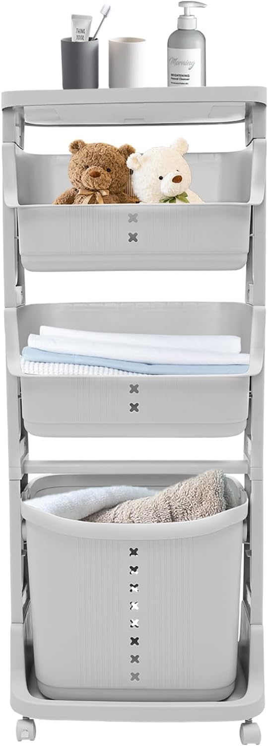4 Tier Laundry Sorter Vertical Laundry Basket Holder Divided Dirty Clothes Laundry Hamper for Laundry Room, Bedroom, Bathroom (Grey)