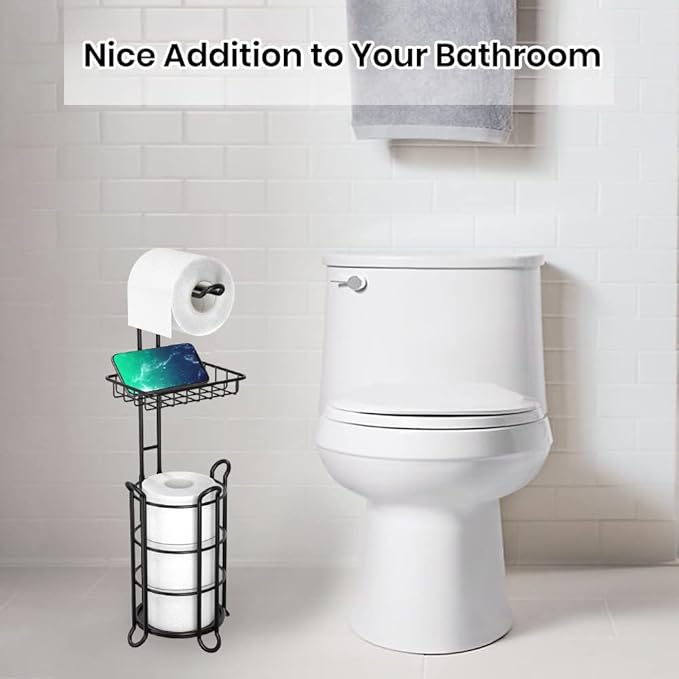 Matte Black Bathroom Freestanding Toilet Paper Holder Tissue Roll Holder Stand with Shelf Storage Holds 4 Jumbo Rolls Phone and Wipes