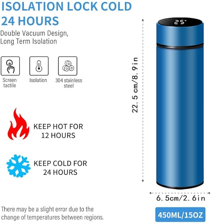 Smart Water Bottle Stainless Steel Vacuum Flask,Travel Mug with Smart LCD Touch Screen, Keep Hot Or Cold, Car Portable Travel Tea Coffee Vacuum Thermo Cup,Insulated Water Bottle (Blue)