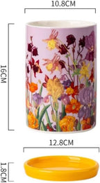 WAIT FLY Floral Porcelain Kitchen Utensil Holder with Bottom Flatware Storage Organizer Utensil Crock for Countertop Kitchen Counter Decor-Purple