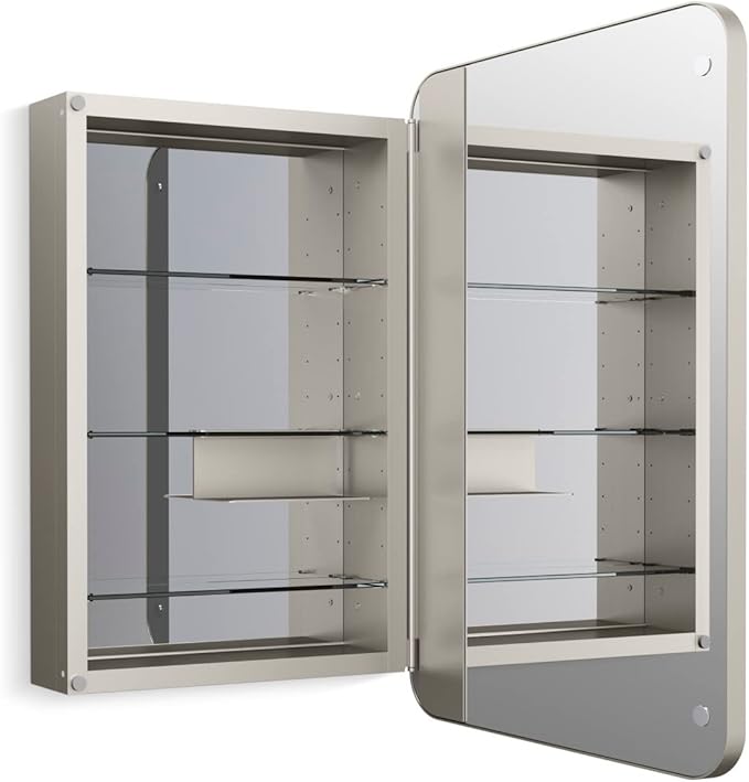 Kohler 35570-BNL Verdera® Framed Bathroom Medicine Cabinet with Mirror, Rectangular Design, Mirrored Interior, Adjustable Glass Shelves, Rustproof, 22 in. W x 34 in. H, Brushed Nickel