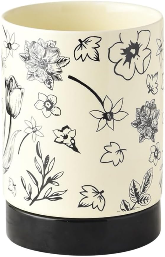 WAIT FLY Vintage Floral Porcelain Kitchen Utensil Holder with Bottom Flatware Storage Organizer Utensil Crock for Countertop Kitchen Counter Decor-Black