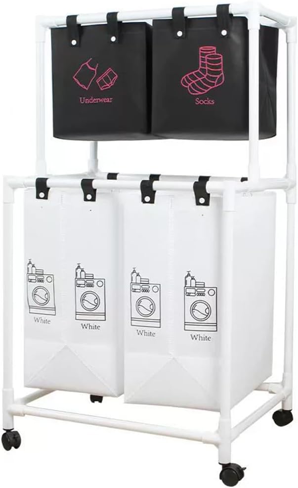 2-Tier Laundry Sorter Basket with Wheels 4 Sections Removable Hamper Organizer for Dirty Clothes Bathroom Cloakroom