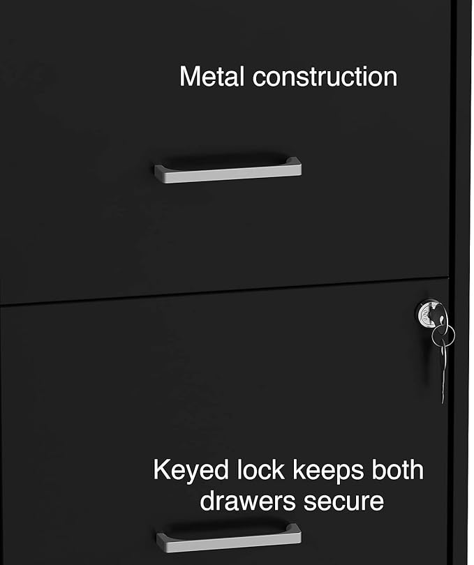 Staples 2-Drawer Vertical File Cabinet, Letter Size Documents, Lockable & Mobile, 18" D x 14" W x 26.3" H, Black