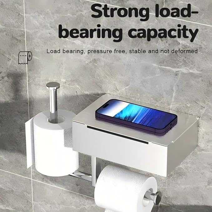 Modern Wall Mount Toilet Paper Holder with Storage Box, Silver Metal, Double Roll Capacity, Phone Shelf, 8.07x4.92x2.56 Inch