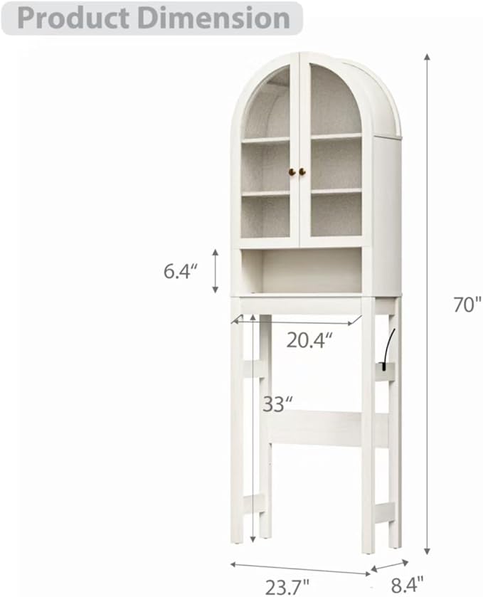 Over The Toilet Storage Cabinet, 23.7”W Modern Storage Cabinet Over Toilet with Acrylic Doors, Arched Freestanding Over Toilet Rack with Adjustable Shelf for Bathroom, White