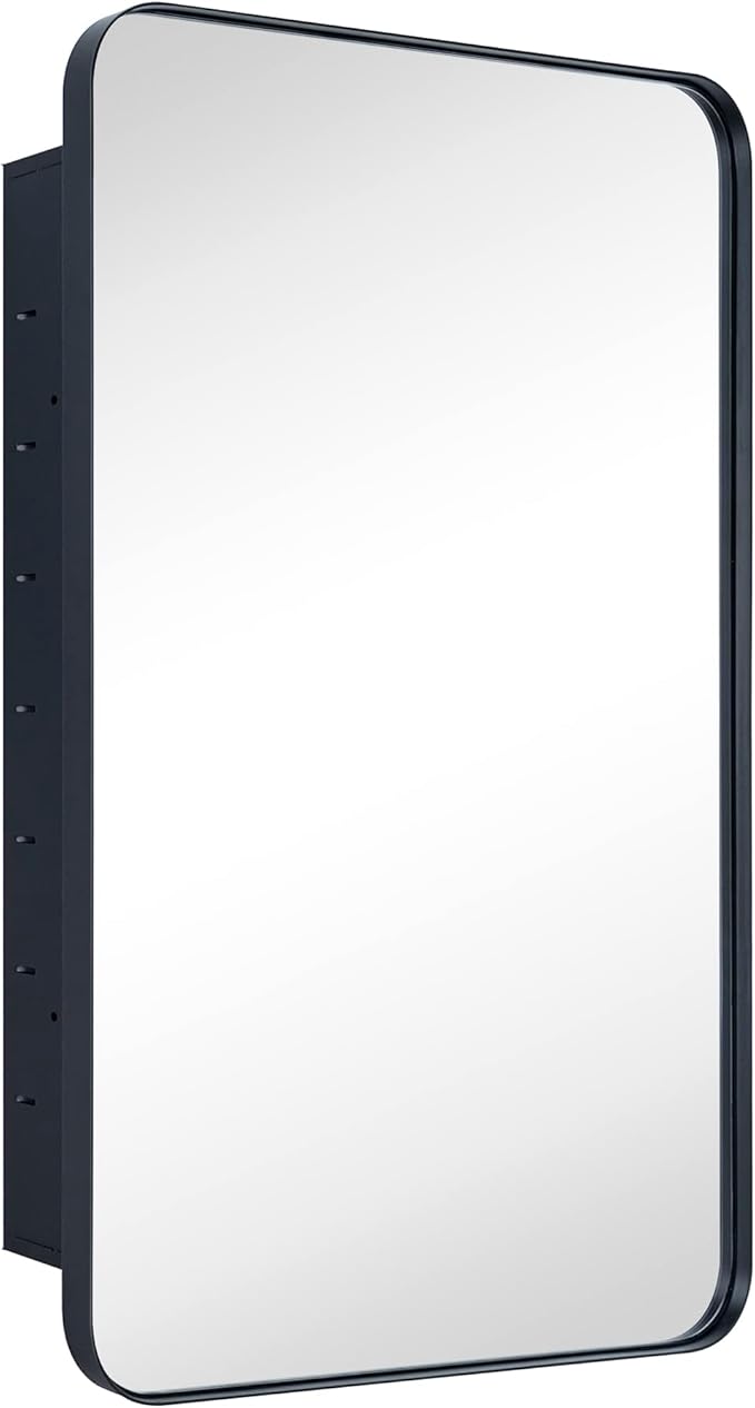 Matt Black Rectangle Recessed Bathroom Medicine Cabinet with Mirror Stainless Steel Metal Framed Rounded Rectangular Bathroom Cabinet with Mirror 20x30''