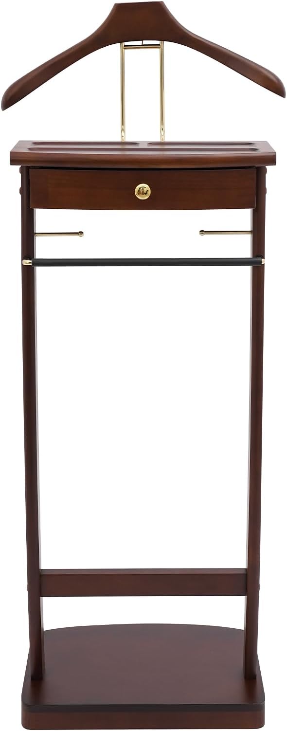 Suit Valet Stand Wood Valet Stand for Man, Wooden Clothing Valet Stand with Contour Hanger, Drawer, Trouser Bar, Tie Bar and Base, Mens Valet Stand for Entryway Office Living Room