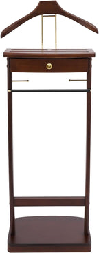 Suit Valet Stand for Men, Wood Freestanding Clothing Rack with Drawer, Top Tray, Contour Hanger, Trouser Bar, Tie & Belt Hooks and Shoe Rack Suit Stand