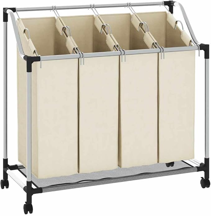 Laundry Sorter with 4 Bags Cream Steel Frame, Heavy-Duty Rolling Cart with Removable Sorting Bags and Steel Handles for Easy Transport, Durable Utility Organizer for Laundry