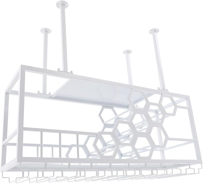 Ceiling Wine Glass Rack, Hanging Wine Rack with Glass Holder and Shelf, 2 Layer Industrial Iron Hanging Wine Bottle Holder, Metal Ceiling Shelf for Bar Cafe Kitchen, 39.4*11.8*15.8in (White)