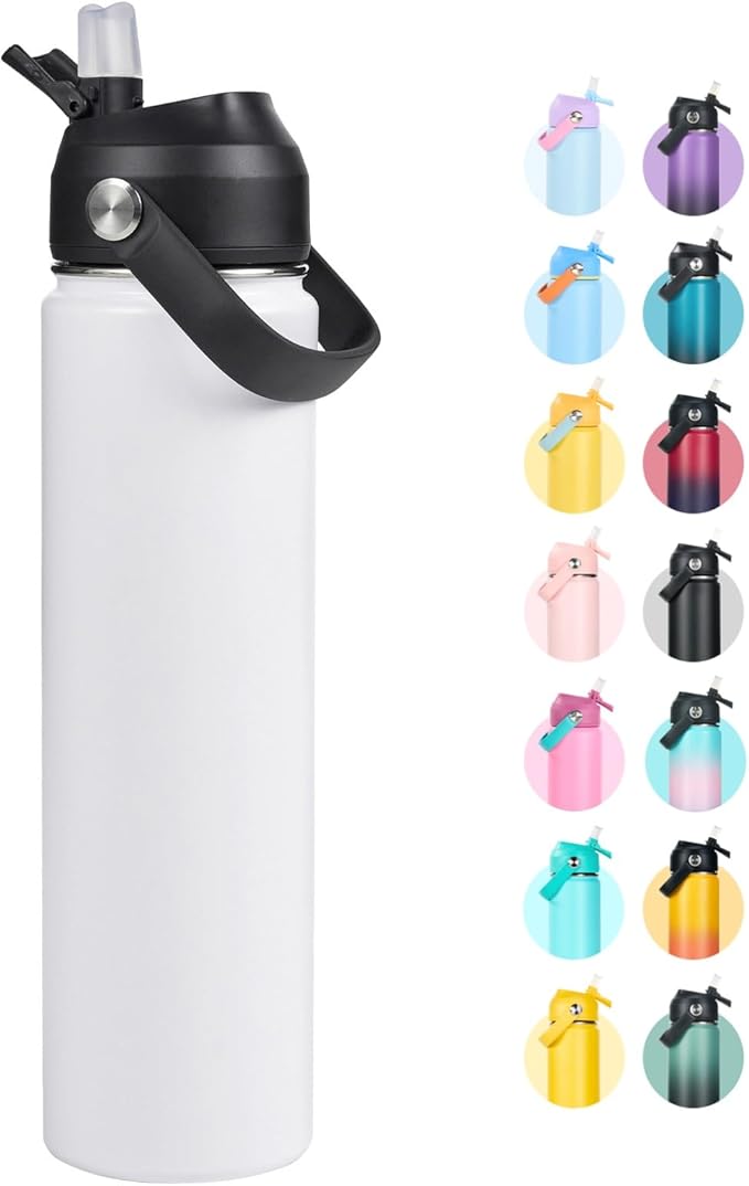 24oz Insulated Stainless Steel Water Bottle, Wide Mouth Double Wall Vacuum, Silicone Straw, Sweat & Leak Proof, BPA Free Insulated Water Flask for Travel, Keep Cold 24h Hot 12h, White